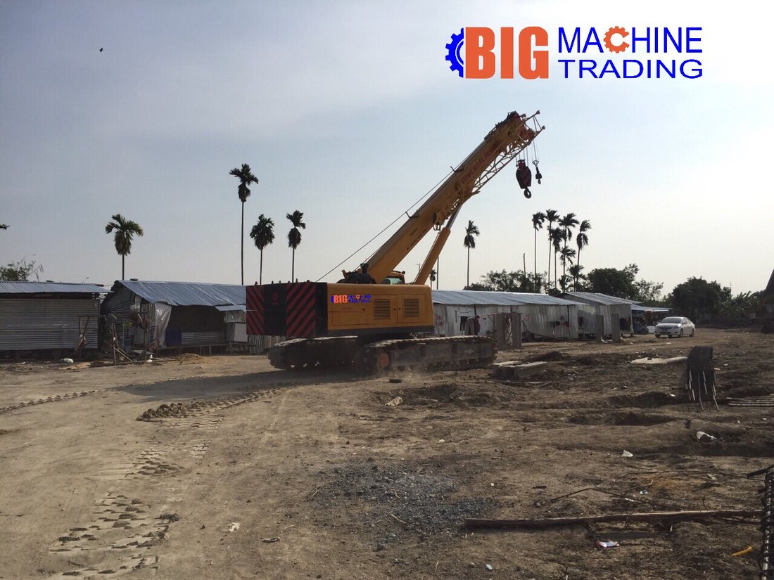 เครนตีนตะขาบ 25 ตัน ของ BIG MACHINE TRADING ทำงานที่หน้างานโครงการ The Excel Hideaway สุขุมวิท 71 มองเห็นต้นปาล์มโดยรอบไซต์งาน